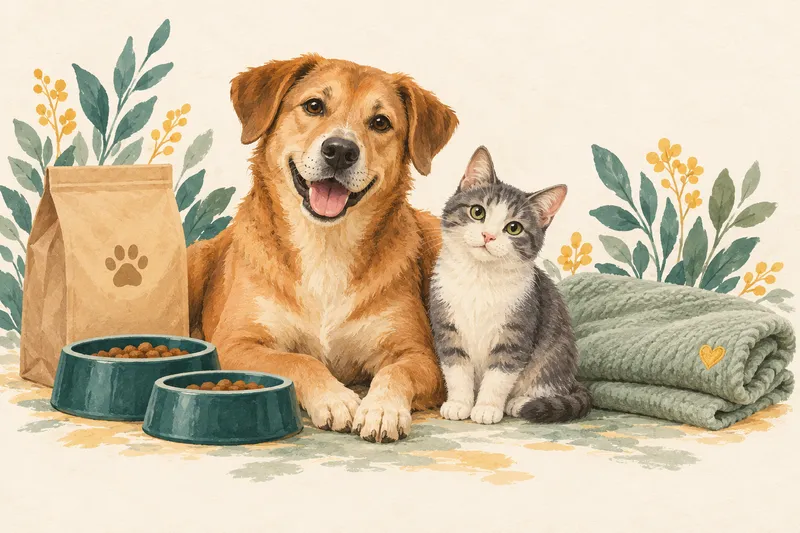 Illustration d’un chien et d’un chat avec des gamelles et une couverture