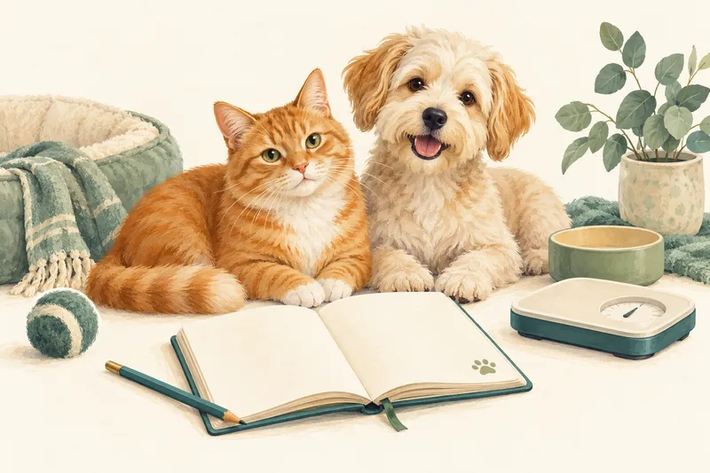 Illustration d’un chat et d’un chien auprès de leur carnet